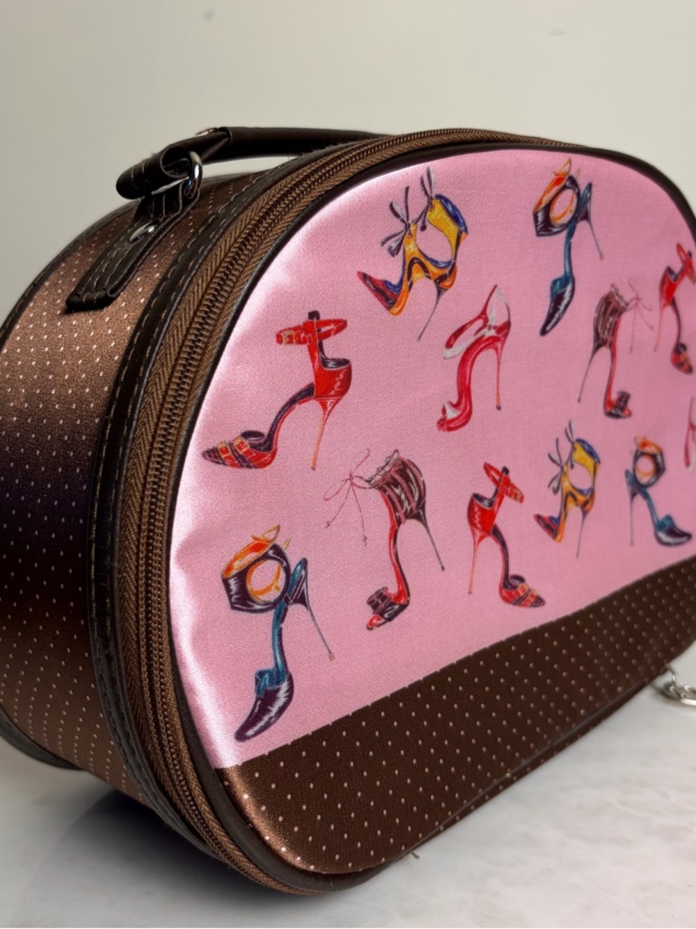 Vintage Y2K Pink Brown Polka Dot Makeup Cosmetic Travel Bag Shoe High Heel Print